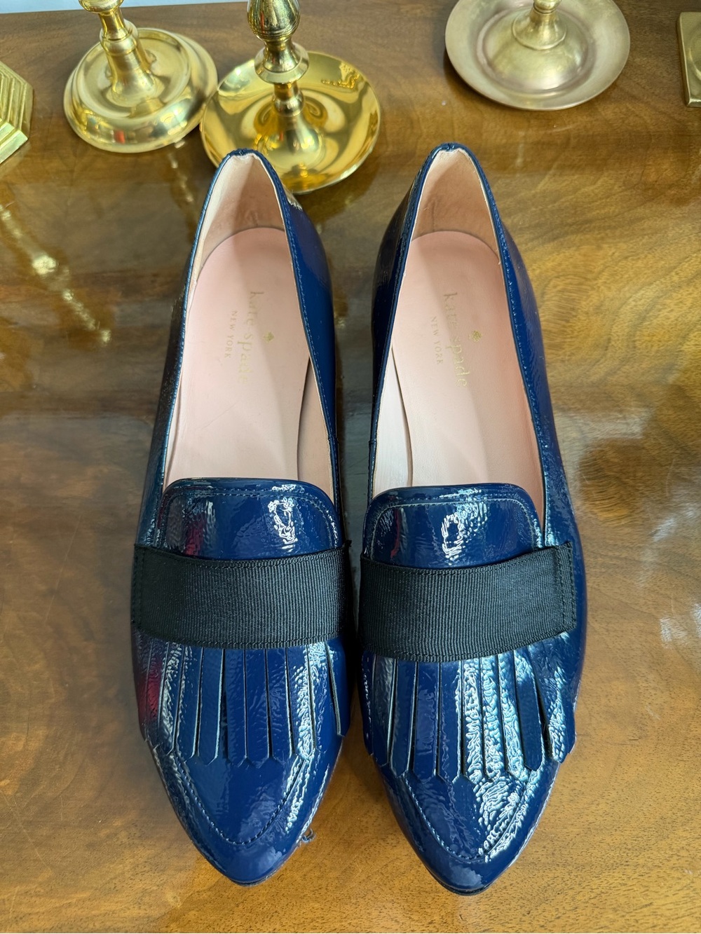 kate spade Navy Patent Fringe Loafers with Black Elastic
